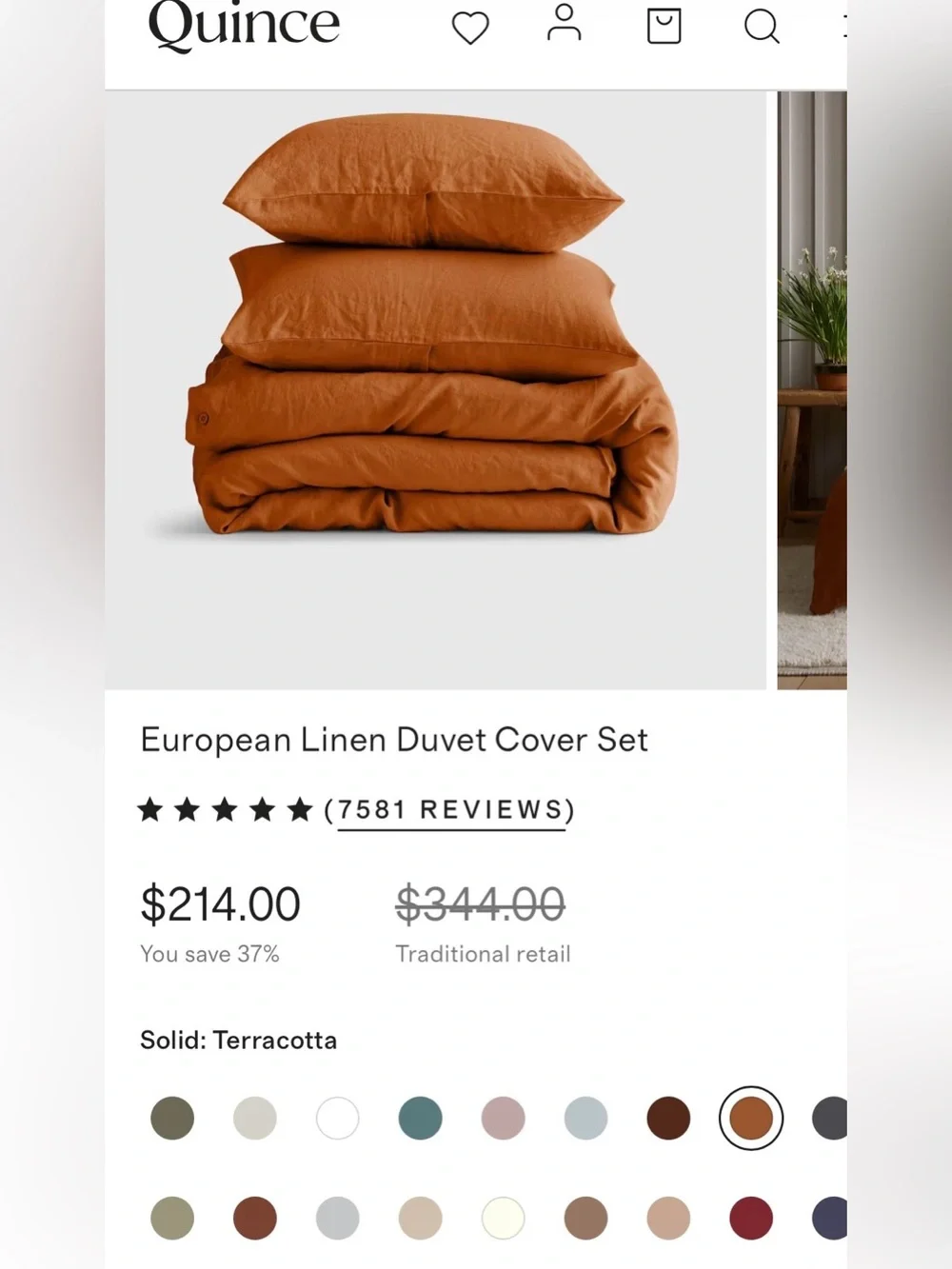 Quince European Linen 3 Piece Duvet Cover Set, King/Cal King (Terracotta)